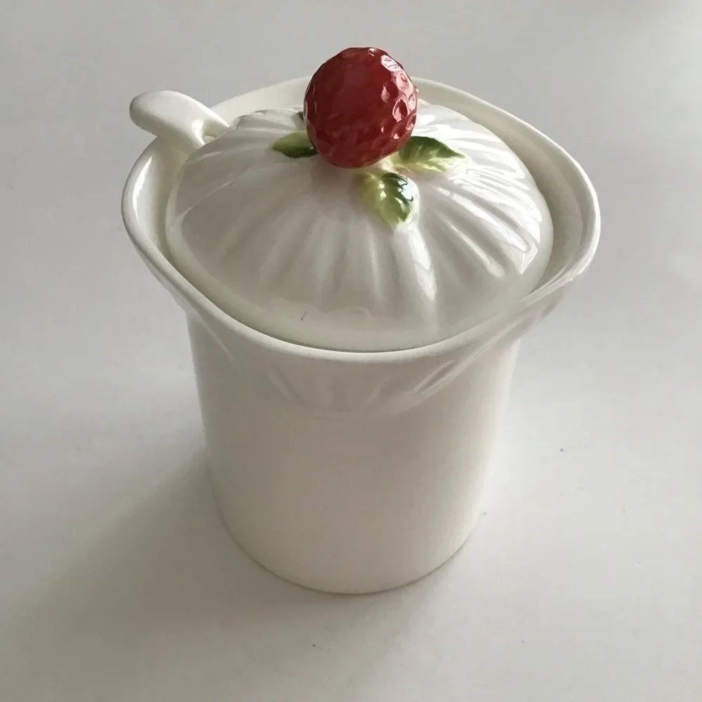 Jam Jar Bone China Covered Strawberry Marmalade Preserves Lid Spoon Vintage